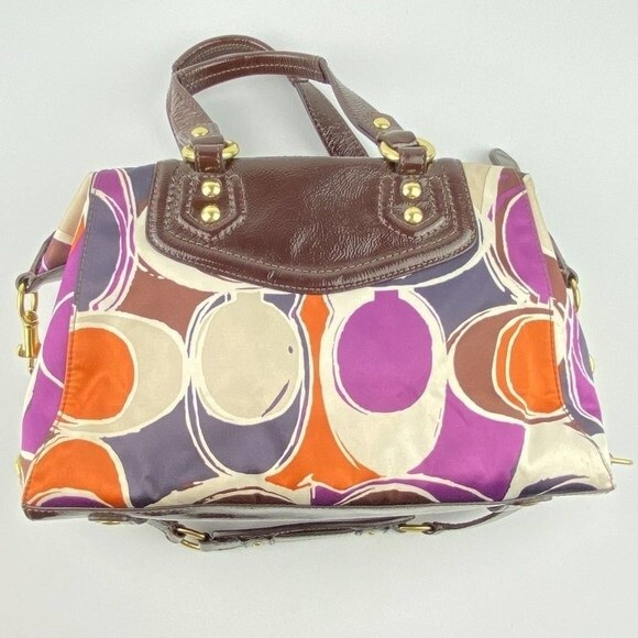 Coach Ashley Shoulder Bag Womens Scarf Print Sateen Purple Multicolor Purse - Picture 3 of 12